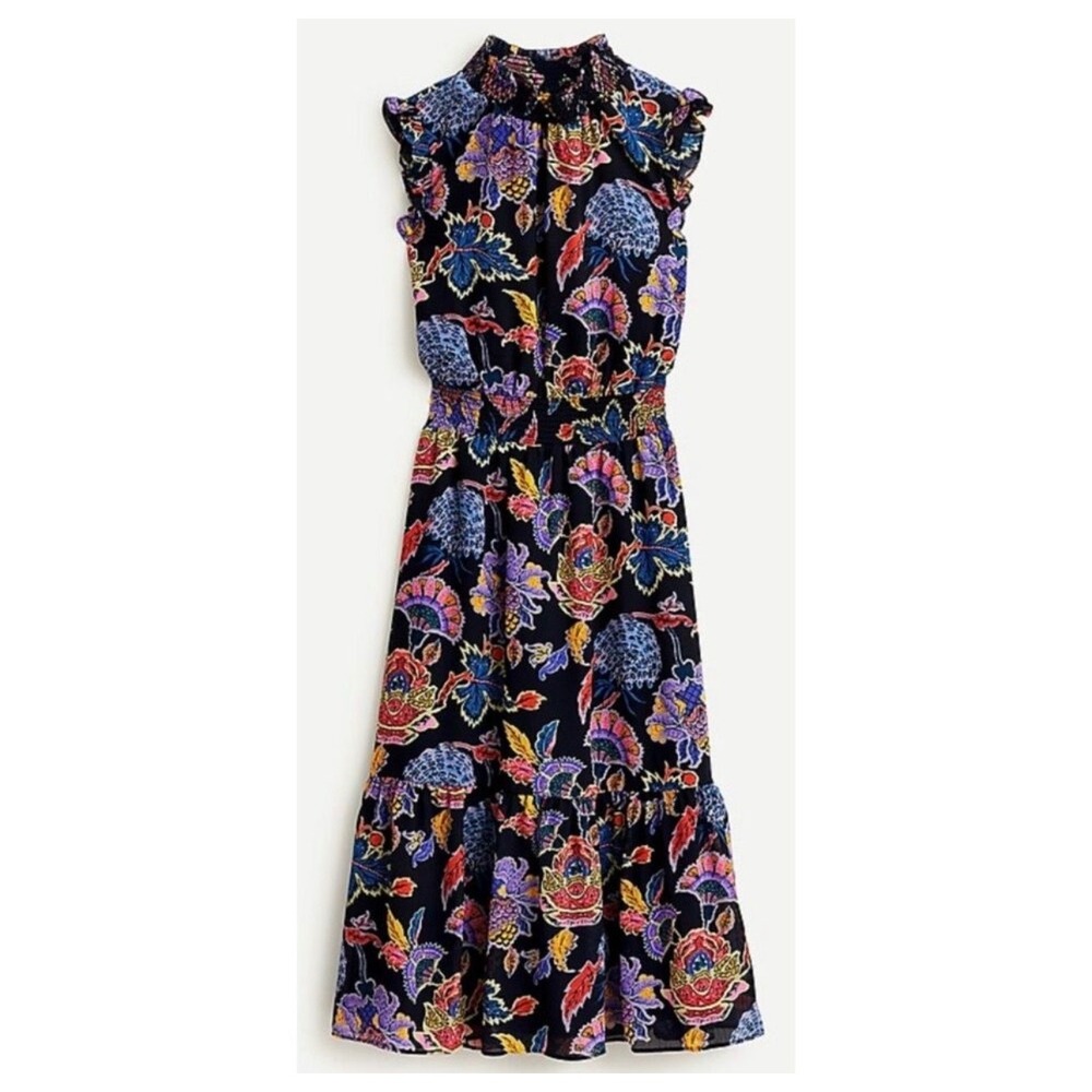 J. Crew Smocked‎ Waist Midi Dress in Paisley Navy Blue Floral Ruffles Small
